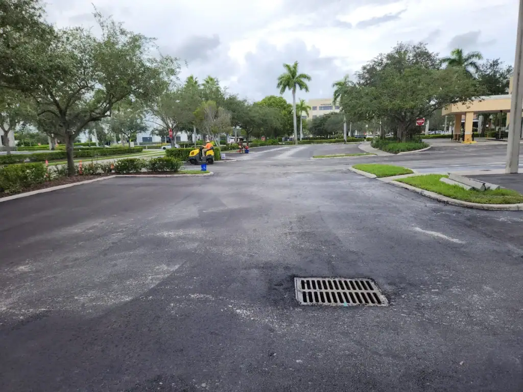 Asphalt paving in a commercial parking lot, freshly laid blacktop road with drainage grate, surrounded by trees and landscaping.